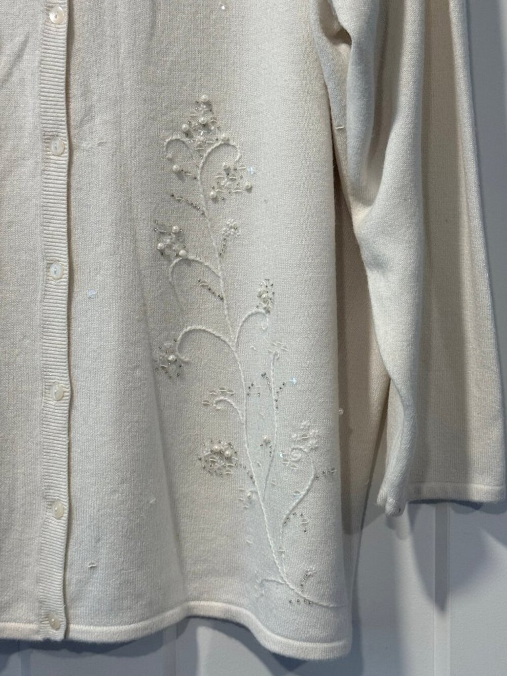 Vintage Liz & Me Dressy Button-Front Off-White Sweater w/ Sequins & Beads - Picture 3 of 5